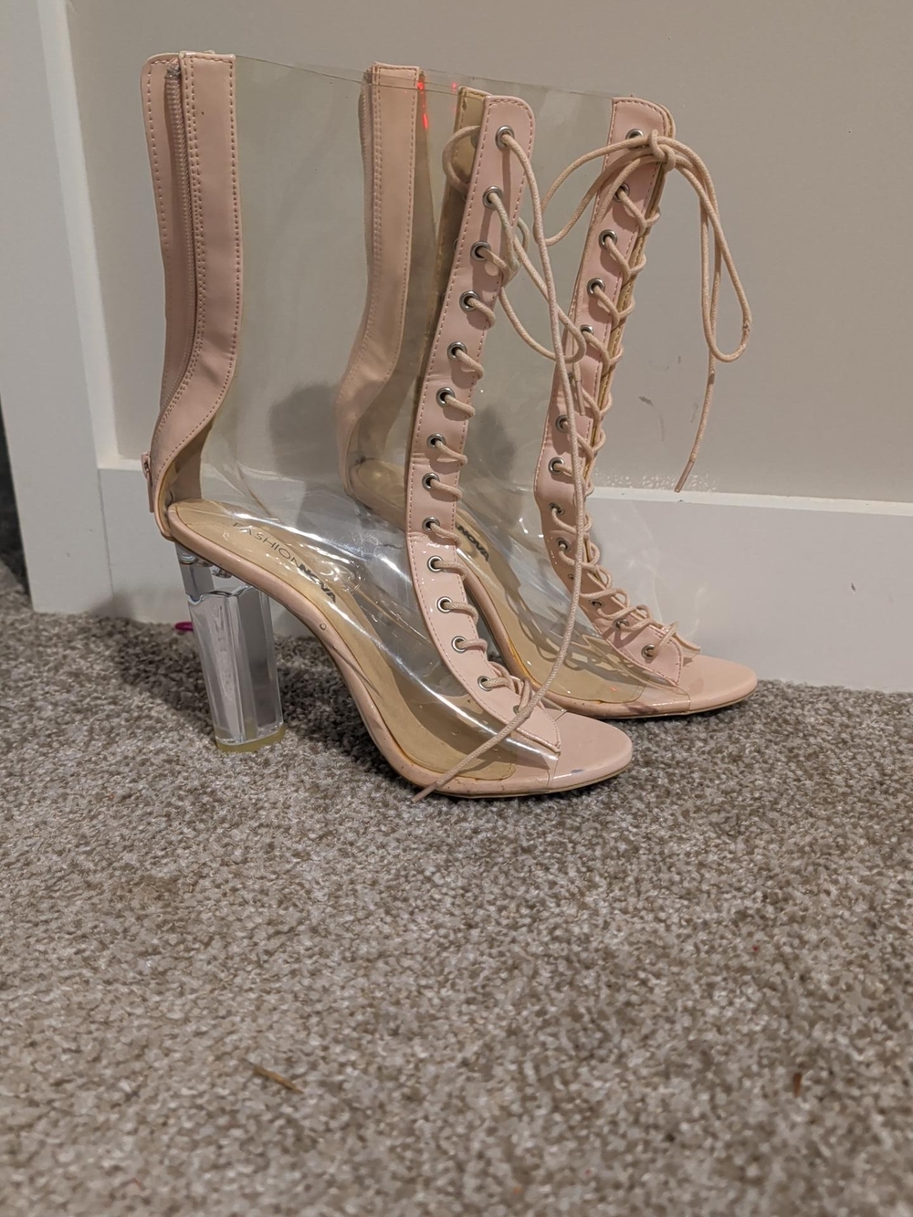 Fashion Nova Clear PVC Lace Up Gladiator Heeled Boots Nude